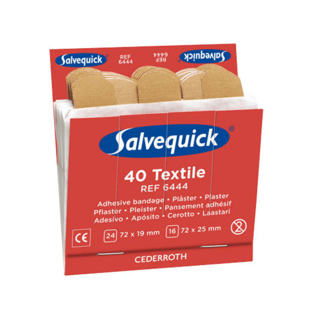 Punavalkoinen laatikko, jossa on Holthaus Medical Salvequick® laastarin täyttöpakkaus ja etupuolella merkintä ”40 kappaletta”. Laatikossa on viitenumero 6444 ja tiedot ko'oista: 24 kappaletta à 72 x 19 mm ja 16 kappaletta à 72 x 25 mm, täydellinen kattavaan haavanhoitoon. Tämän tuotteen valmistaa Holthaus Medical GmbH & Co. KG.