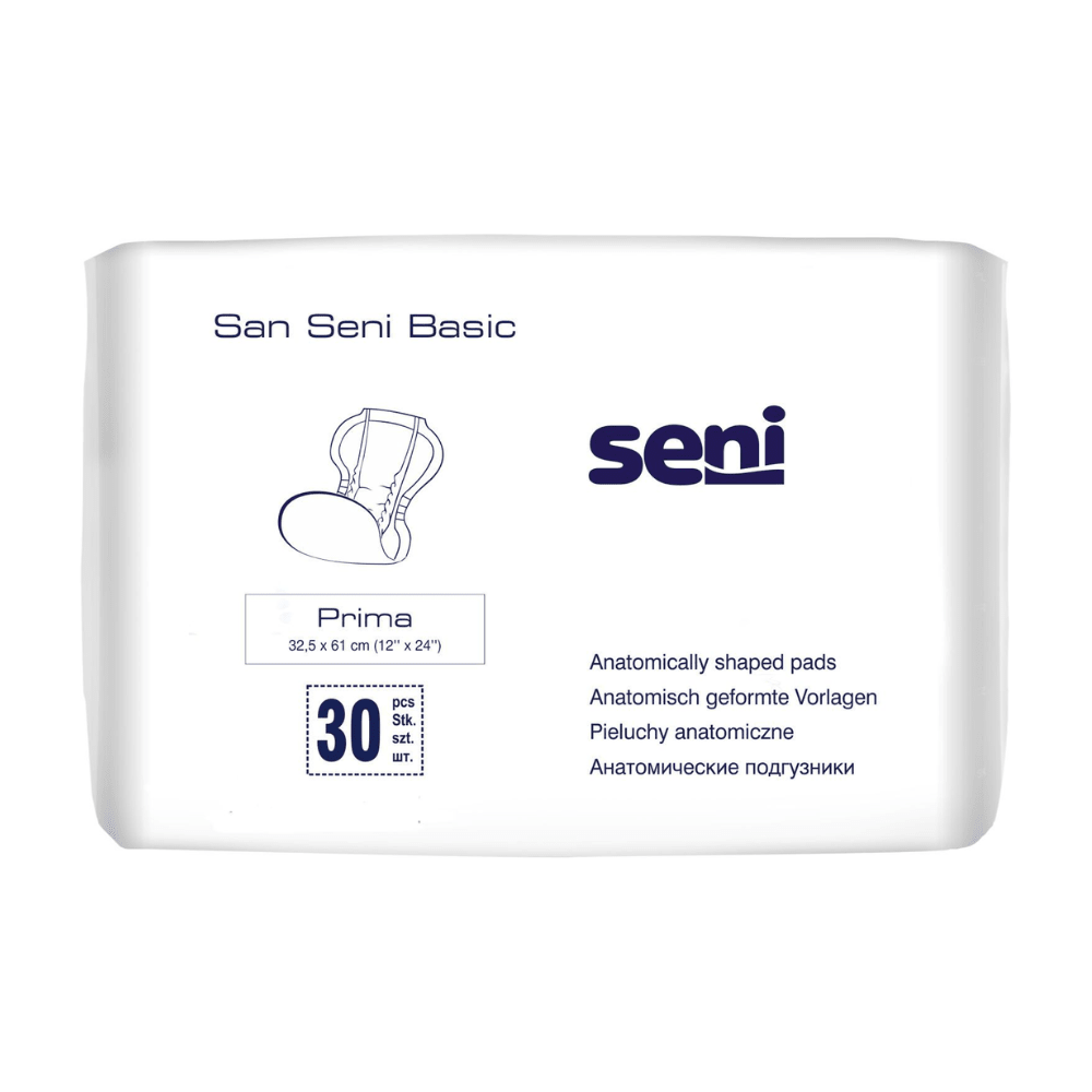 San Seni Classic Prima -inkontinenssisuojan pakkaus TZMO Deutschland GmbH:lta näyttää tuotemerkin logon ja tuotteen nimen. Se merkitsee anatomisesti muotoiltuja alustoja virtsankarkailuun, mitat 32,5 x 61 cm, tarjoaa luotettavan vuotosuojan ja sisältää 30 kappaletta.