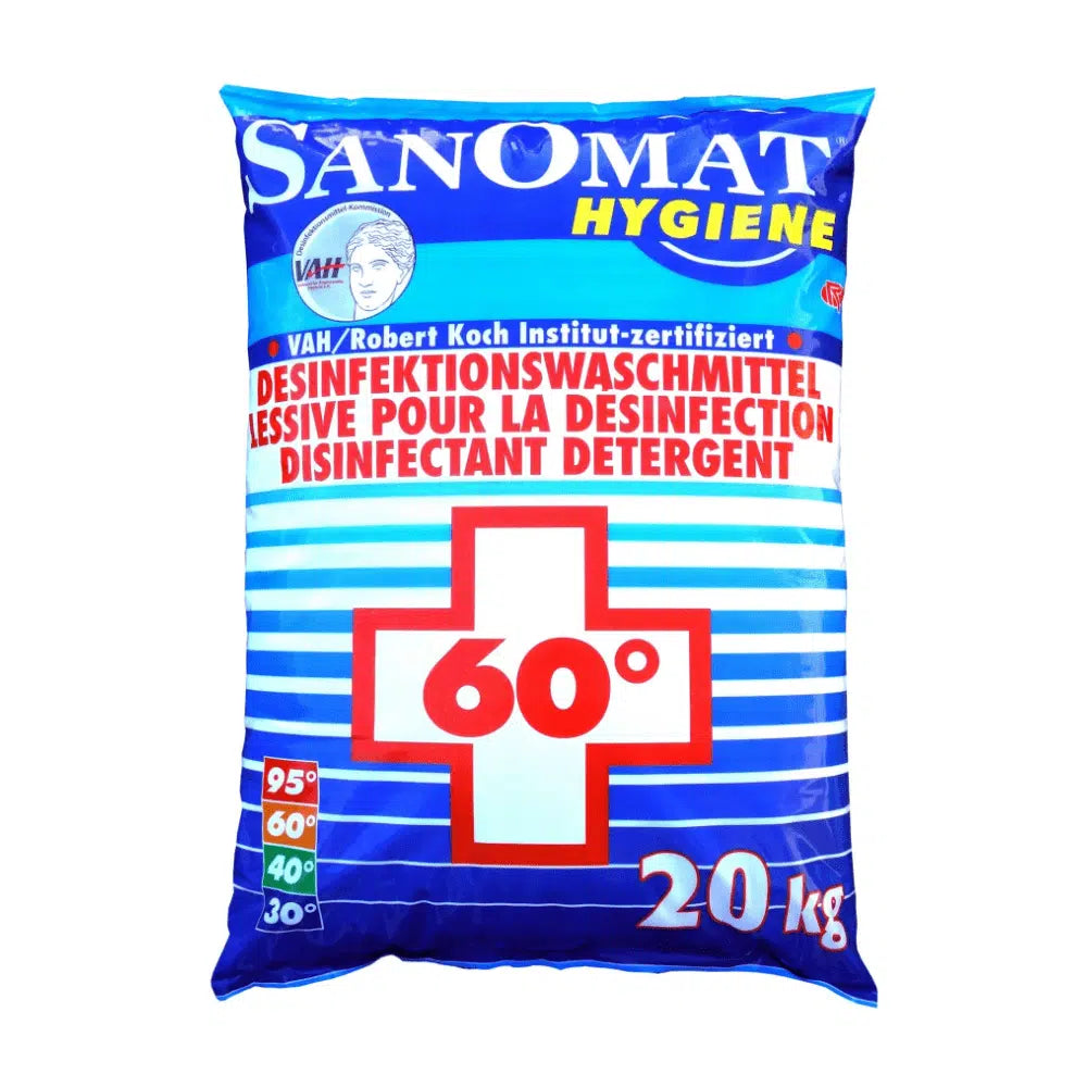 Sininen pussi, jossa on merkintä „Rösch Sanomat Desinfektionswaschmittel“, on etupuolella punainen risti ja „60°“, mikä osoittaa käytön 20 kg desinfiointiaineena. Rösch Germany GmbH:n tuote on RKI-listattu ja VAH-sertifioitu, ja tiedot ovat saatavilla saksaksi ja ranskaksi.