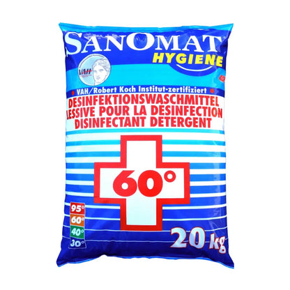 Sininen pussi, jossa on merkintä „Rösch Sanomat Desinfektionswaschmittel“, on etupuolella punainen risti ja „60°“, mikä osoittaa käytön 20 kg desinfiointiaineena. Rösch Germany GmbH:n tuote on RKI-listattu ja VAH-sertifioitu, ja tiedot ovat saatavilla saksaksi ja ranskaksi.