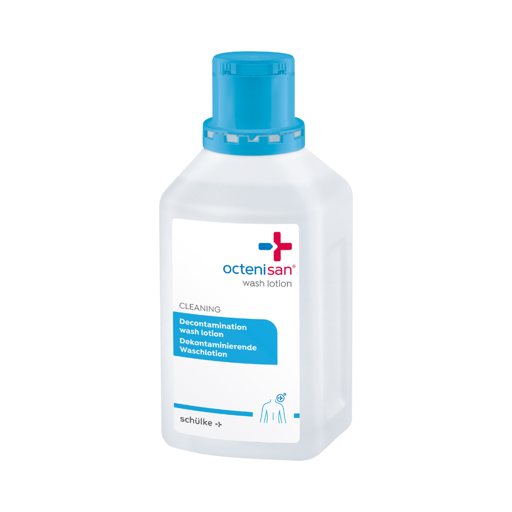 Läpinäkyvä muovipullo Schülke Octenisan pesunestettä Schülke & Mayr GmbH:lta, jossa on sininen korkki ja kaksikielinen etiketti, seisoo pystyasennossa valkoisella taustalla, ihanteellinen antiseptiseen ihonpuhdistukseen ja hygieeniseen kehonhoitoon.
