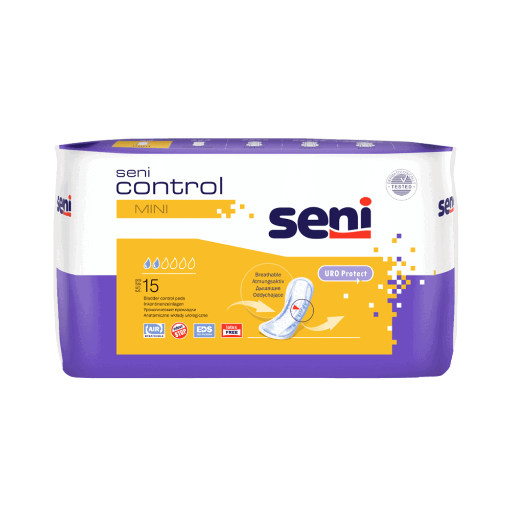 Seni Control Mini -inkontinenssisuojat | Pakkaus (15 kappaletta) TZMO Deutschland GmbH:lta on kelta-valkoinen muotoilu, jossa on tietoja, symboleja ja kaavio etupuolella, ja se tarjoaa käyttömukavuutta ja huomaamattomuutta.