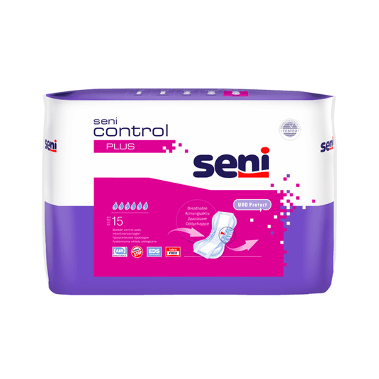 Yksi pakkaus Seni TZMO Deutschland GmbH:n Control Plus -inkontinenssisuojat sisältävät 15 suojaa, niissä on vuotosuoja ja ne toimitetaan violetti-valkoisessa pakkauksessa, jonka etupuolella on tuotemerkki ja kuva suojasta.