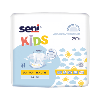 TZMO Deutschland GmbH:n Seni Kids Junior Extra -inkontinenssihousut yli 15 kg painaville lapsille toimitetaan värikkäässä pakkauksessa, jossa on aurinko- ja pilvigrafiikka sekä Extra Dry System -symboli, ja ne sisältävät 30 kappaletta.