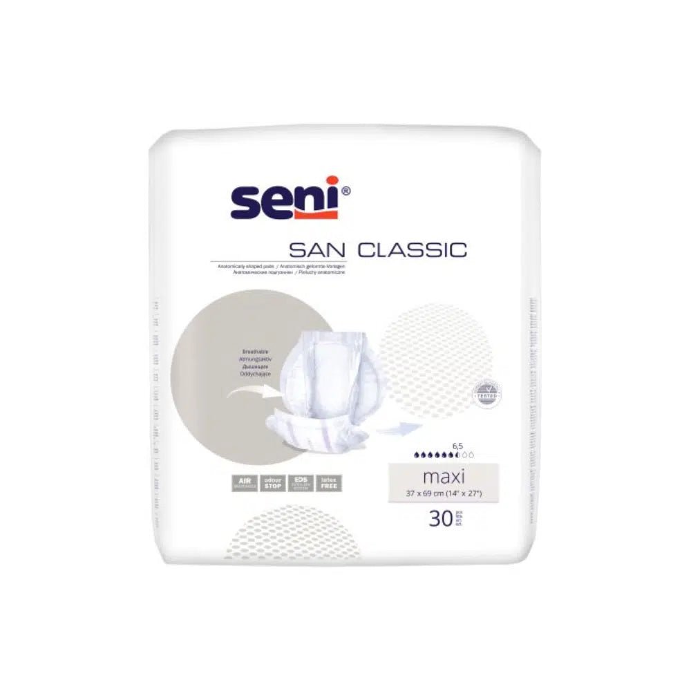 San Seni Classic Maxi Inkontinenssisuojat TZMO Deutschland GmbH:lta – Pakkaus, jossa on 30 kappaletta virtsarakon heikkouteen, turvallisella vuotosuojalla. Tuotetiedot ja logo valkoisessa pakkauksessa.