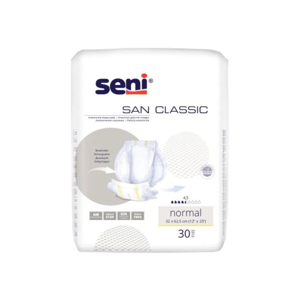 Yksi pakkaus San Seni Classic Normal -inkontinenssisuojia TZMO Deutschland GmbH:lta sisältää 30 suojaa, siinä on valkoinen pakkaus siniharmaalla tekstillä, se on ihanteellinen virtsarakon heikkouteen ja näyttää kuvan suojan mallista.