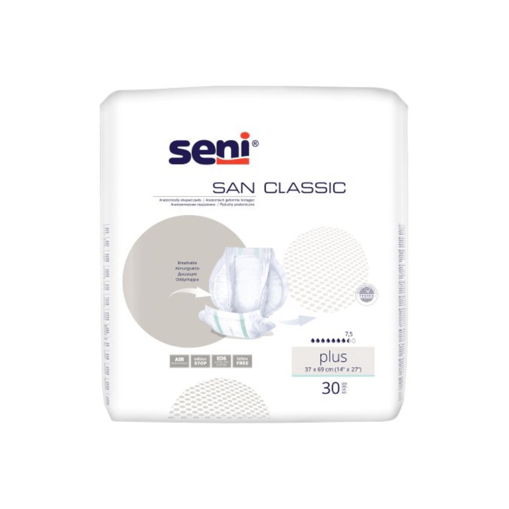 San Seni Classic Plus -inkontinenssisuojat TZMO Deutschland GmbH:lta toimitetaan 30 kappaleen pakkauksessa, joka on enimmäkseen valkoinen ja varustettu sinisellä ja harmaalla tekstillä sekä kuvituksella virtsarakon heikkouden hoidosta.