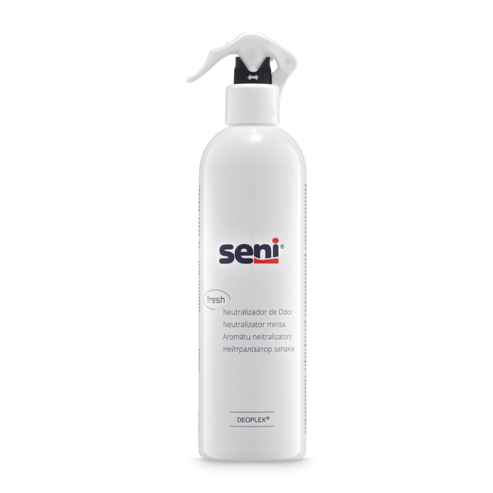 Seni Care -hajunpoistaja TZMO Deutschland GmbH:lta on 500 ml:n pullo, jossa on suihkepää ja joka varmistaa miellyttävän tuoksuympäristön. Se on varustettu monikielisellä tekstillä ja DEOPEX+ -logolla ja neutraloi hajut tehokkaasti tiloissasi.