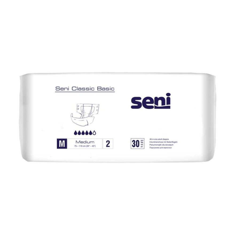 Valkoinen pakkaus, jossa on merkintä "Seni Classic Basic inkohousut, koko S-XL" TZMO Deutschland GmbH:lta, kantaa Seni-logoa, kokomerkkia, tietoja imukyvystä, hengittävää ulkokerrosta ja ilmoittaa, että 30 kappaletta on tarkoitettu virtsarakon heikkouteen.