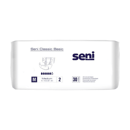 Valkoinen pakkaus, jossa on merkintä "Seni Classic Basic inkohousut, koko S-XL" TZMO Deutschland GmbH:lta, kantaa Seni-logoa, kokomerkkia, tietoja imukyvystä, hengittävää ulkokerrosta ja ilmoittaa, että 30 kappaletta on tarkoitettu virtsarakon heikkouteen.