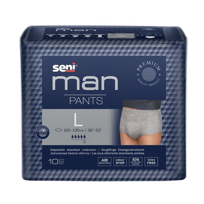 Paketti Seni Man Pants -imukykyisiä alusvaatteita miehille, valmistaja TZMO Deutschland GmbH, korkealaatuisia aikuisten vaippoja inkontinenssiin suuressa koossa, harmaalla vyötärönauhalla ja kaaviolla, joka näyttää istuvuuden mallinuken päällä. Sisältää 10