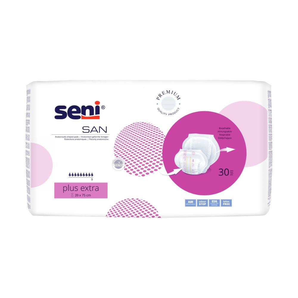 Kuva näyttää pakkauksen Seni San Plus Extra inkontinenssisuojia (30 kappaletta) TZMO Deutschland GmbH:lta. Valkoinen pakkaus, jossa on vaaleanpunaisia ja violetteja ympyröitä, kantaa tuotteen nimeä, kuvan tyynystä ja korostaa premium-laatua ja vuotosuojan turvallisuutta.