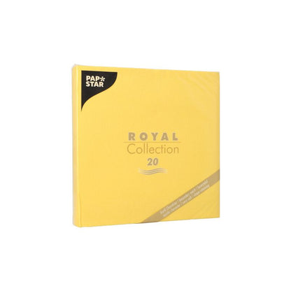 Kuvassa keltainen pakkaus, jossa lukee "ROYAL Collection 20" ja PAPSTAR-logo vasemmassa yläkulmassa. Pakkaus sisältää 20 paperilautasliinaa, jotka ovat ihanteellisia eleganttiin pöytäkoristeluun.
