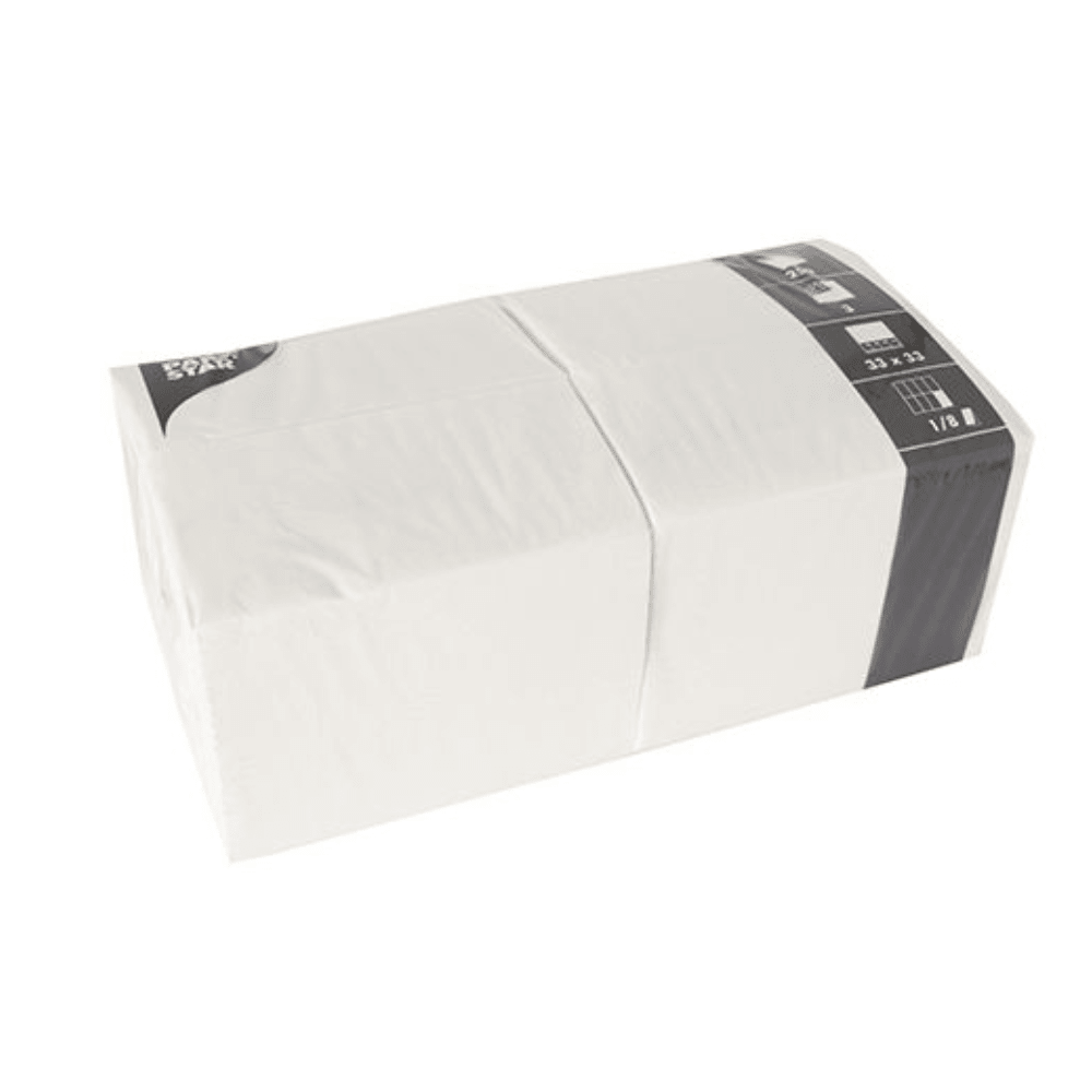 Suorakulmainen pakkaus PAPSTAR 250 lautasliinaa, 3-kerroksinen 1/8-taitos PAPSTAR GmbH:lta on kooltaan 33 x 33 cm ja pakattu läpinäkyvään muoviin, jossa on mustavalkoinen etiketti toisessa päässä.