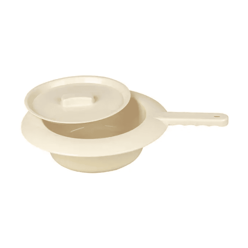 Valkoista taustaa vasten on kuvattu Servoprax GmbH:n muovinen Servoprax-potta - 300 x 80 mm. Se koostuu beigestä polypropeenirakenteesta, jossa on kansi ja kahva. Kansi on hieman avattu, ja se tarjoaa näkymän potan sisäpuolelle, mikä korostaa sen yksinkertaista ja tarkoituksenmukaista muotoilua.