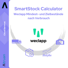 Logo ja mainosgrafiikka „SmartStock Calculator: Weclappin vähimmäis- ja tavoitevarastolaskin kulutuksen mukaan“ Altruanilta, jossa on kuorma-auton, lahjapaketin ja kaavion symbolit varastonhallinnan symbolina vaalealla taustalla.