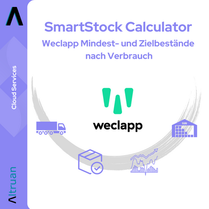 Logo ja mainosgrafiikka „SmartStock Calculator: Weclappin vähimmäis- ja tavoitevarastolaskin kulutuksen mukaan“ Altruanilta, jossa on kuorma-auton, lahjapaketin ja kaavion symbolit varastonhallinnan symbolina vaalealla taustalla.