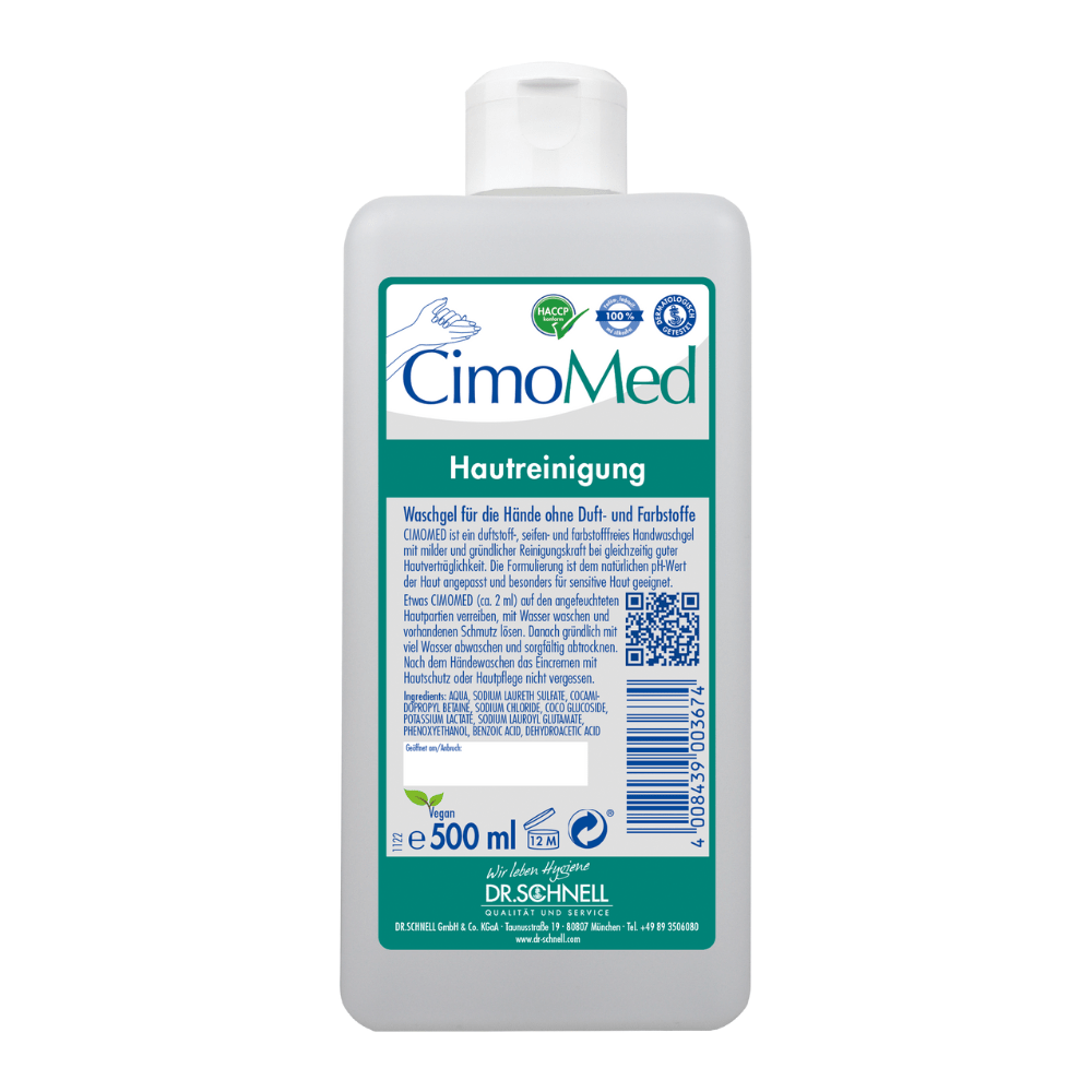 Valkoinen 500 ml pullo Dr. Schnell CIMOMED käsienpesugeeliä DR.SCHNELL GmbH & Co. KGaA:lta, hajusteeton ja väriaineeton, ihon puhdistukseen, saksankielinen etiketti sinivihreillä korostuksilla, viivakoodi ja sertifiointilogot, sopii herkälle iholle.