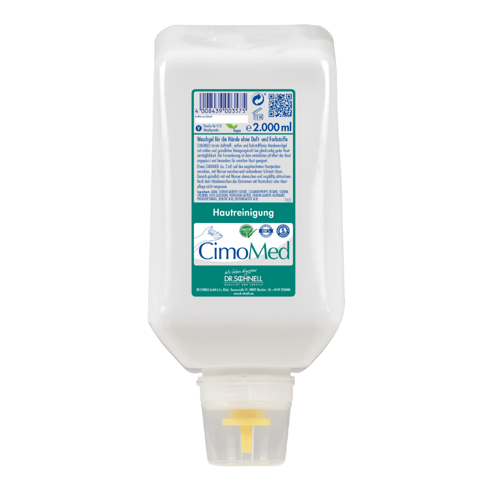 2000 ml valkoinen muovipullo Dr. Schnell CIMOMED käsienpesugeeliä, hajusteeton ja väriaineeton, ihon puhdistukseen DR.SCHNELL GmbH & Co. KGaA:lta; vihreäsinisellä etiketillä ja keltaisella suuttimella - ihanteellinen herkälle iholle.