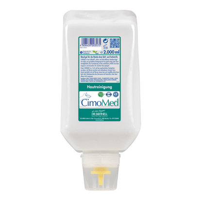 2000 ml valkoinen muovipullo Dr. Schnell CIMOMED käsienpesugeeliä, hajusteeton ja väriaineeton, ihon puhdistukseen DR.SCHNELL GmbH & Co. KGaA:lta; vihreäsinisellä etiketillä ja keltaisella suuttimella - ihanteellinen herkälle iholle.