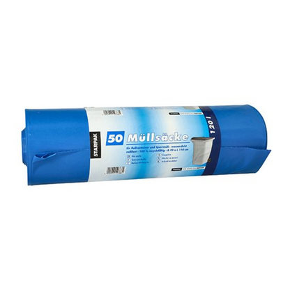 Starpak 50 roskapussia, LDPE 120 l 110 cm x 70 cm, toimitetaan kestävässä sinivalkoisessa pakkauksessa. Nämä Starpakin roskapussit on valmistettu LDPE:stä ja ne vetävät jopa 120 litraa luotettavaan jätehuoltoon.