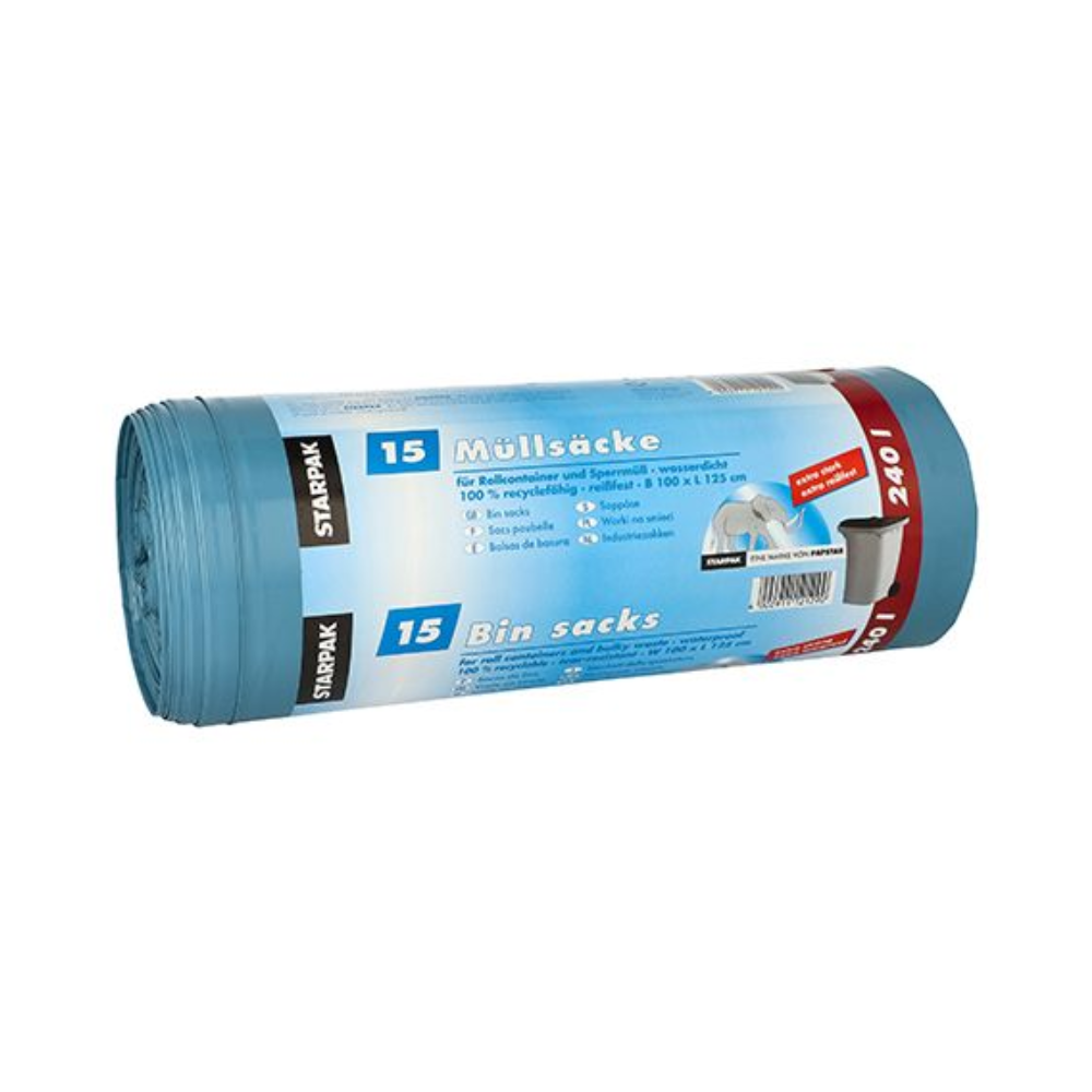 Rulla Starpak-roskapusseja 240 l K 125 x L 100 cm sininen, varustettu monikielisellä etiketillä, jossa lukee „roskapusseja 240 litraa“, „15 kappaletta“ ja „100 % kierrätetty muovi“, sopii täydellisesti suurten jätteiden hävittämiseen. Valmistettu kestävästä LDPE-kalvosta, tuotemerkki „Starpak“ erottuu.