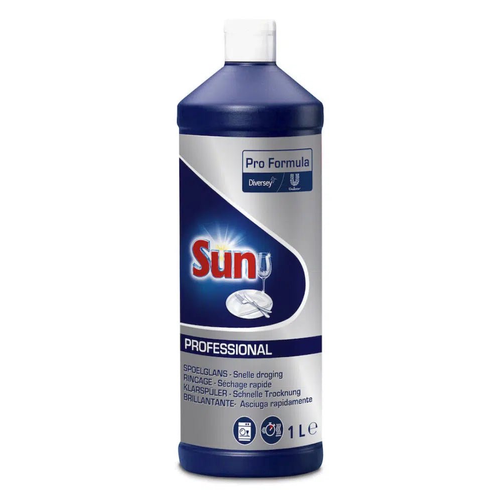 1 litran pullo SUN Professional -huuhteluainetta Diversey Deutschland GmbH & Co. OHG:lta on ihanteellinen tiskikoneellesi. Sinivalkoinen etiketti näyttää logon, jossa on kimalteleva lasi, ja korostaa nopeasti kuivuvia huuhteluominaisuuksia raidattomalle astiastolle, jotka on kehitetty erityisesti ammattilaiskäyttöön.