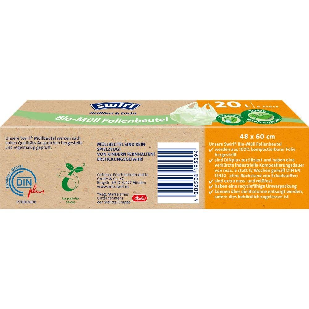 Suorakulmainen laatikko Swirl Melitta Europa GmbH & Co. KG:n 20 litran biojätesäkit, joissa on vihreä, keltainen ja sininen teksti, sisältävät tuotetiedot, DINplus-sertifioidun logon ja viivakoodin; pakkaus sisältää yhden rullan, jossa on 6 repäisylujaa säkkiä (48 x 60 cm) kahvoilla.