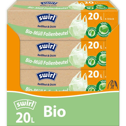 Yksi rooli Swirl Melitta Europa GmbH & Co. KG:n valmistamat biojätteen muovipussit, joissa on kantokahva (20 l, 6 kpl), ”kompostoitava”-merkintä, DINplus-sertifiointitunnus, vihreitä ja oransseja yksityiskohtia sekä valkoinen roskapussikuvitus.