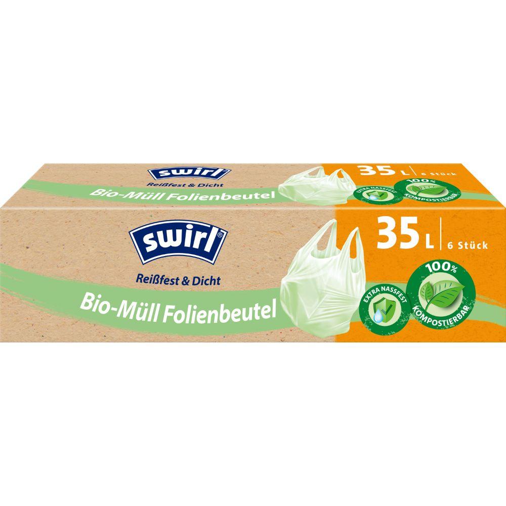 Yksi laatikko Swirl biojätepussit kantokahvalla 35 l Melitta Europa GmbH & Co. KG sisältää 6 repäisykestävää, vuotamatonta kompostoitavaa pussia (saksalainen merkintä) ympäristösymboleilla ympäristöystävälliseen hävittämiseen.
