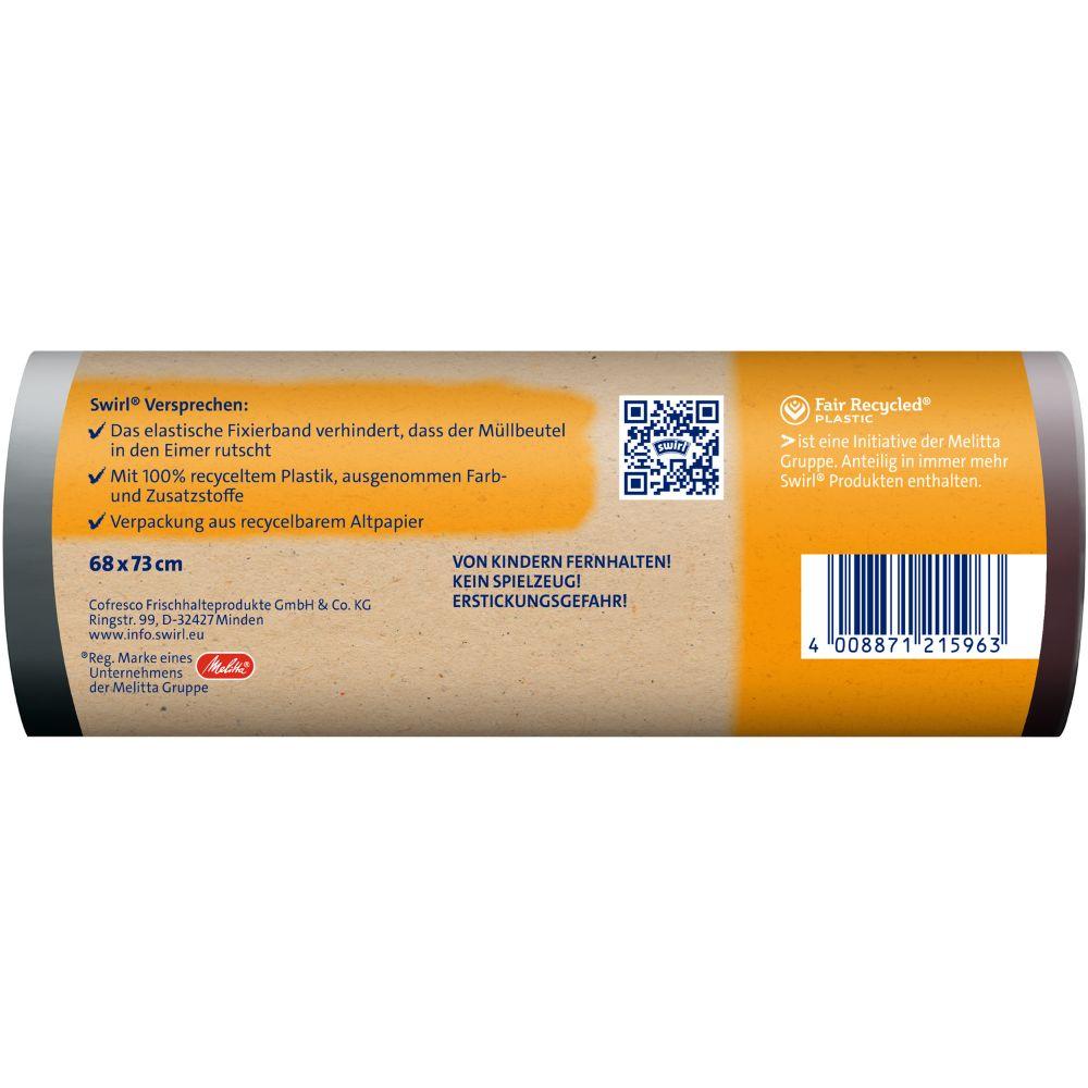 Yksi rulla Swirl kiinnitysnauha-roskapusseja 60 l repäisykestävä & tiivis (10 pussia) Melitta Europa GmbH & Co. KG:ltä on vaaleanruskea saksalainen etiketti, valmistettu 100 % kierrätysmuovista ja siinä on joustava kiinnitysnauha turvalliseen sulkemiseen.