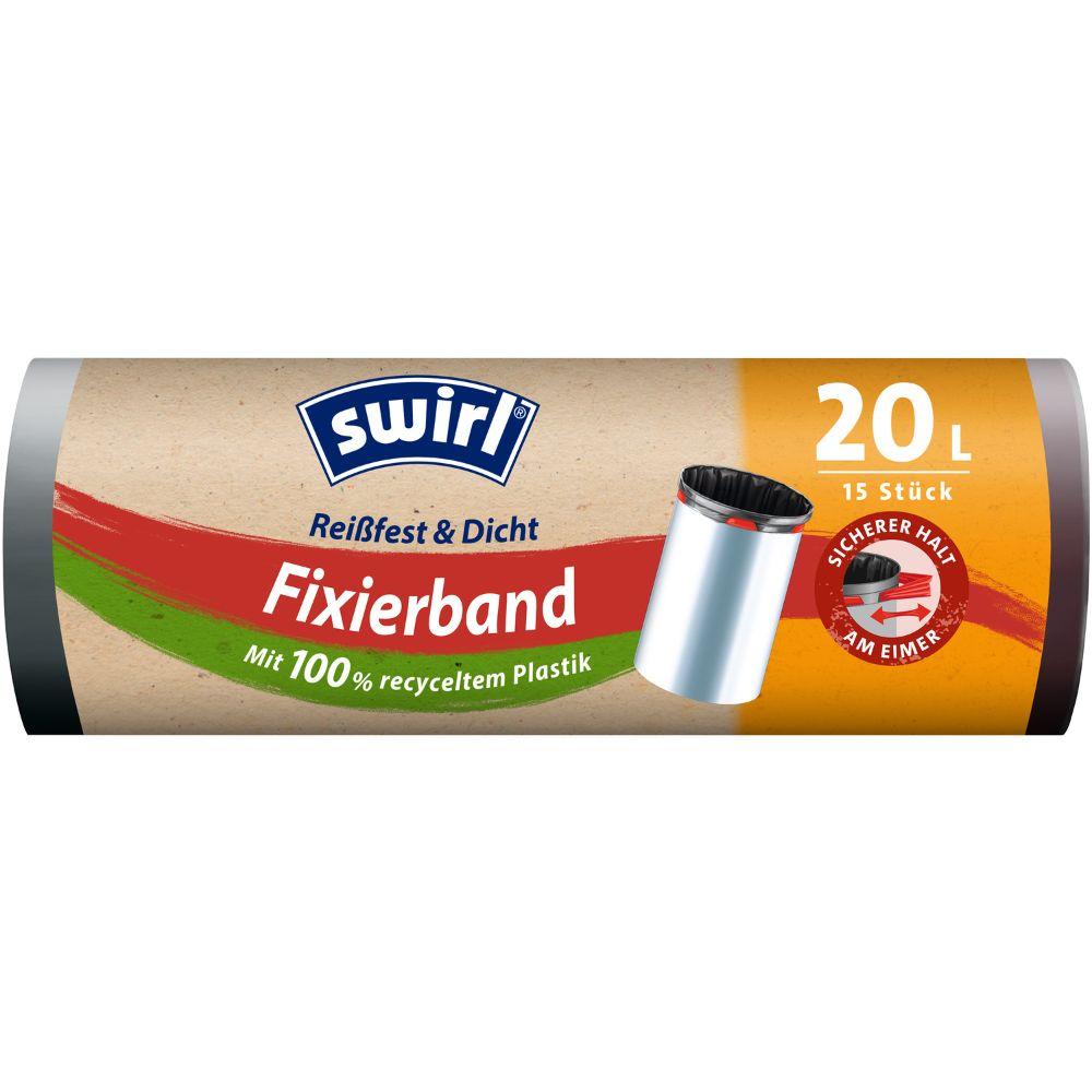 Der Swirl Fixierband-Roskakassi 20 l Repeytymätön & Tiivis Melitta Europa GmbH & Co. KG:ltä tulee 15 kappaleen rullassa, ruskeanoranssilla etiketillä, repeytymättömällä kalvolla, kierrätetystä muovista ja roskakuvioinnilla.