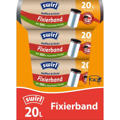 Kolme rullaa Swirl Fixierband-Roskakasseja 20 l Repeytymätön & Tiivis Melitta Europa GmbH & Co. KG:ltä, jokaisessa 15 pussia oranssissa ja vihreässä pakkauksessa, 100 % kierrätysmuovista ja repeytymättömällä kalvolla varustettuna.