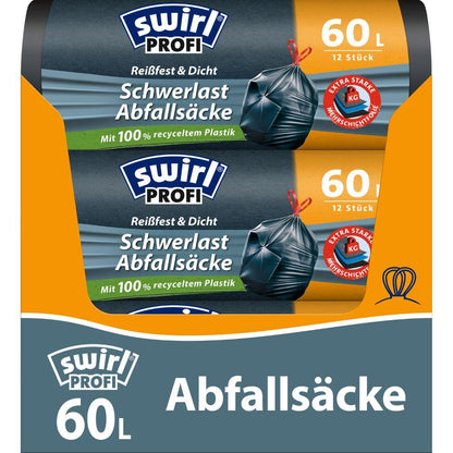 Pakkaus Swirl Schwerlast-Säcke Profi mit Zugband 60 l Reißfest & Dicht (12 pussia), Melitta Europa GmbH & Co. KG:ltä. Etiketti on valmistettu 100 % kierrätetystä muovista ja näyttää mustan pussin, jossa on oransseja, vihreitä ja mustia yksityiskohtia.