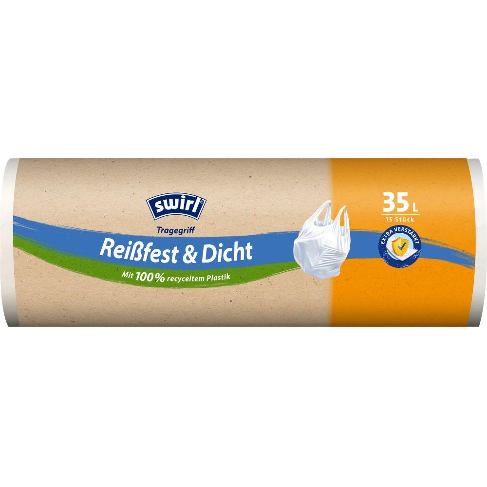 Der Swirl Tragegriff-Müllbeutel 35 l Reißfest & Dicht (15 Beutel/Rolle) der Melitta Europa GmbH & Co. KG wird in einer umweltfreundlichen Verpackung aus 100 % Recycling-Kunststoff für eine nachhaltige Abfallentsorgung geliefert.
