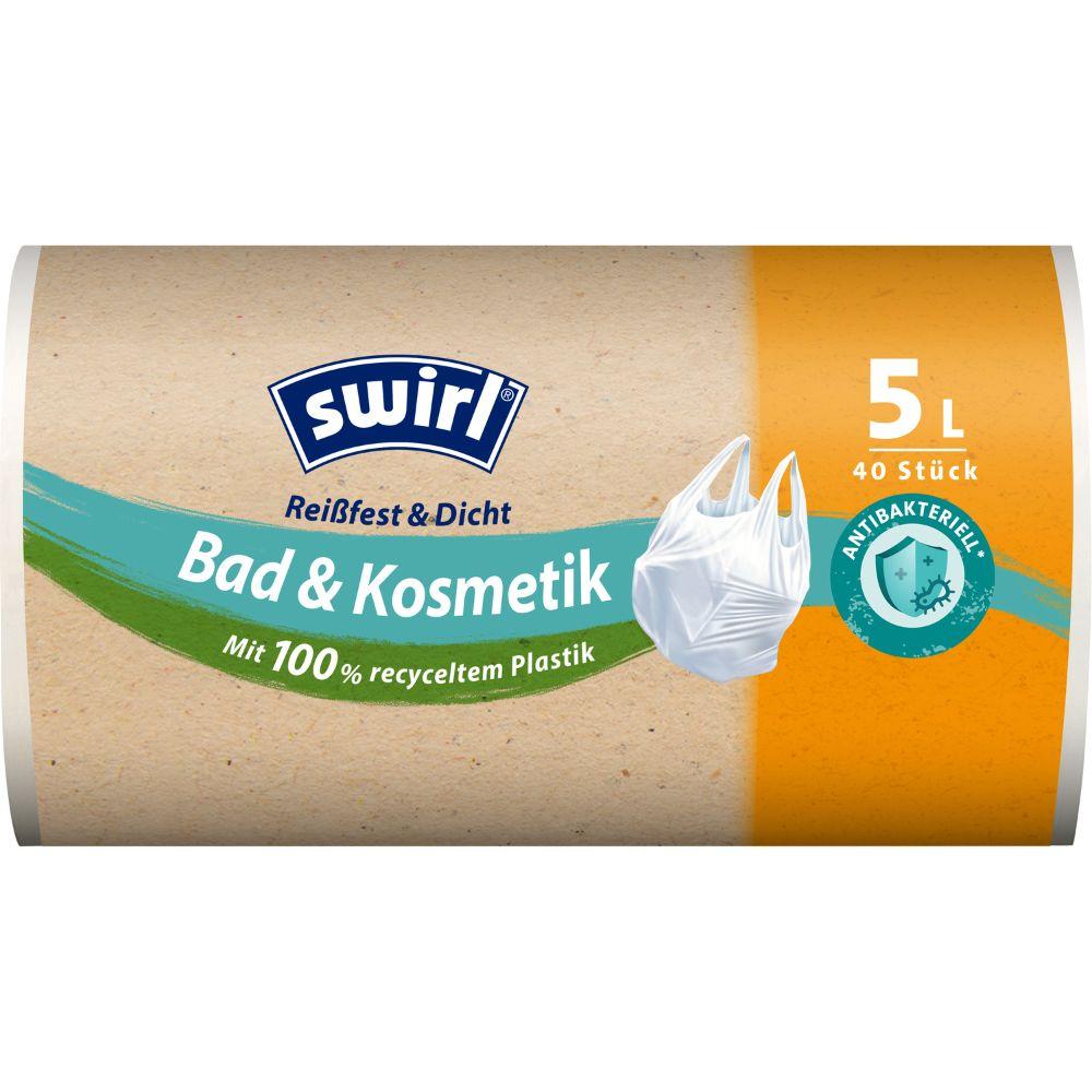 Rulla Swirl kantokahvalla varustettuja roskapusseja kylpyhuoneeseen ja kosmetiikkaan 5L (40 pussia) Melitta Europa GmbH & Co. KG:lta, valmistettu 100 % kierrätetystä muovista antibakteerisella suojalla, on merkitty repeämättömäksi ja vuotamattomaksi.