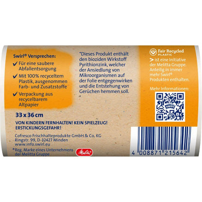 Swirl kantokahvalla varustetun roskapussin kylpyhuoneeseen ja kosmetiikkaan 5 l pakkauksen takapuoli Melitta Europa GmbH & Co. KG:lta, sisältää viivakoodin, QR-koodin, saksalaiset tuotetiedot, kierrätystiedot, turvallisuusvaroitukset, antibakteerisen huomautuksen ja 100 % kierrätetyn muovin etiketin.