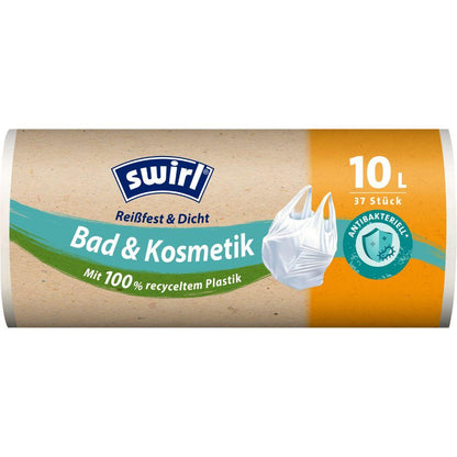 Yksi rulla Swirl kantokahvalla varustettuja roskapusseja kylpyhuoneeseen ja kosmetiikkaan 10 l Melitta Europa GmbH & Co. KG:ltä sisältää 37 repeytymätöntä, tiivistä pussia kierrätetystä muovista – ihanteellinen hygieeniseen ja ympäristöystävälliseen jätteiden hävittämiseen kylpyhuoneessa.