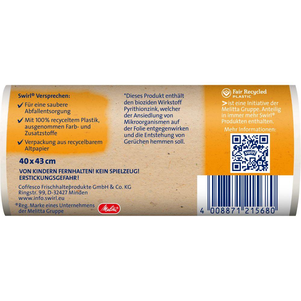 Swirl kantokahvalla varustettu roskapussi kylpyhuoneeseen ja kosmetiikkaan 10 l Melitta Europa GmbH & Co. KG:ltä erottuu 100 % kierrätetystä muovista valmistetuilla pusseilla, ilman väriaineita/lisäaineita, antibakteerisilla ominaisuuksilla, kierrätettävällä pakkauksella, viivakoodilla ja QR-koodilla.