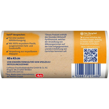 Swirl kantokahvalla varustettu roskapussi kylpyhuoneeseen ja kosmetiikkaan 10 l Melitta Europa GmbH & Co. KG:ltä erottuu 100 % kierrätetystä muovista valmistetuilla pusseilla, ilman väriaineita/lisäaineita, antibakteerisilla ominaisuuksilla, kierrätettävällä pakkauksella, viivakoodilla ja QR-koodilla.