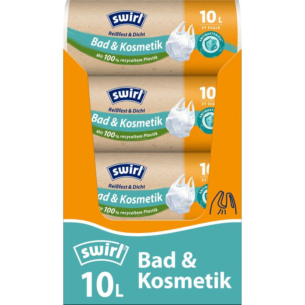 Swirl kantokahvalla varustettu roskapussi kylpyhuoneeseen ja kosmetiikkaan 10L Melitta Europa GmbH & Co. KG:ltä, pakkaus sisältää 37 vahvaa, vuotamatonta pussia sinivihreässä ja oranssissa pakkauksessa, 100 % kierrätetystä muovista.