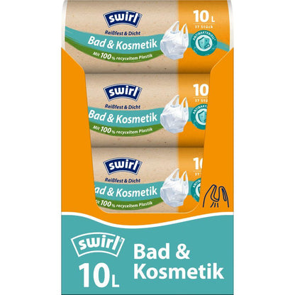 Swirl kantokahvalla varustettu roskapussi kylpyhuoneeseen ja kosmetiikkaan 10L Melitta Europa GmbH & Co. KG:ltä, pakkaus sisältää 37 vahvaa, vuotamatonta pussia sinivihreässä ja oranssissa pakkauksessa, 100 % kierrätetystä muovista.
