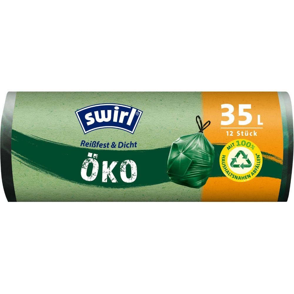 Rulla Swirl ekomuovipusseja vetonarulla 35 l Kestävä ja tiivis Melitta Europa GmbH & Co. KG:ltä sisältää 12 pussia enimmäkseen vihreässä pakkauksessa, sidotulla pussikuvalla ja ympäristöystävällisillä etiketeillä, kuten "kierrätetty muovi".