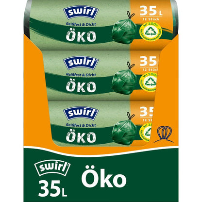Rulla Swirl ekomuovipusseja vetonarulla 35 l (12 pussia) Melitta Europa GmbH & Co. KG:ltä ympäristöystävällisillä symboleilla ja väreillä on valmistettu kierrätetystä muovista ja tarjoaa kestävän ja turvallisen jäteratkaisun.