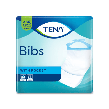 TENA Bibs -kertakäyttöisten suojalappujen, vaatteiden suojauksen, pakkaus on tyylikkäästi sinivihreä ja siinä on valkoinen ruokalappu sinisellä reunalla. Huomiota herättävä TENA-logo on sijoitettu ylös, kun taas teksti korostaa ruokalappujen taskutoimintoa, mikä tekee niistä täydellisiä vaatteiden suojaukseen ja kertakäyttöisiin suojalappuihin.