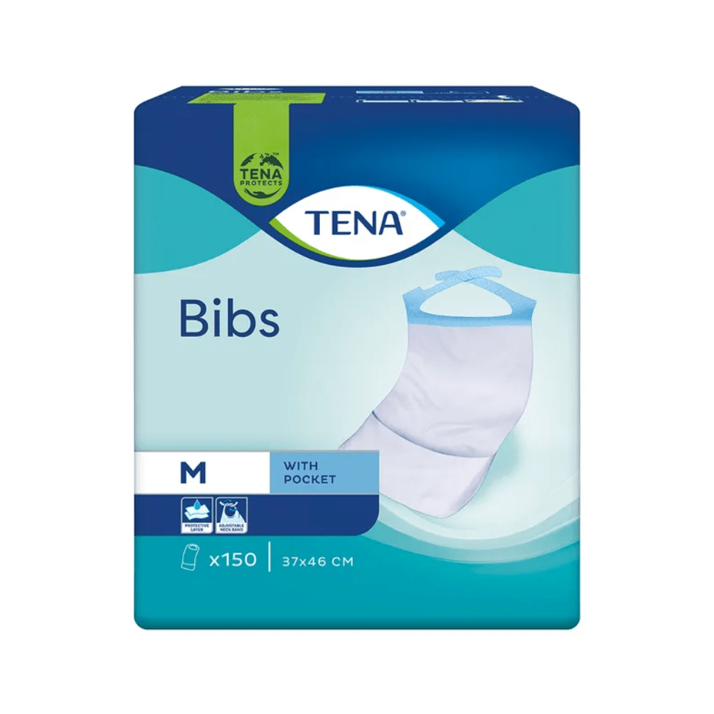 TENA Bibs -kertakäyttöiset suojalaput, vaatteiden suojaus, valmistettu Essity Germany GmbH:n toimesta, toimitetaan sinivihreässä pakkauksessa, jossa on kuvitettuna yksi yksittäinen ruokalappu. Tämä M-kokoinen pakkaus sisältää 150 kertakäyttöistä suojalappua taskulla, jokainen kooltaan 37x46 cm.