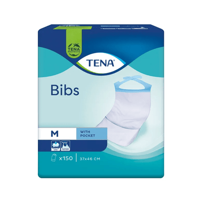 TENA Bibs -kertakäyttöiset suojalaput, vaatteiden suojaus, valmistettu Essity Germany GmbH:n toimesta, toimitetaan sinivihreässä pakkauksessa, jossa on kuvitettuna yksi yksittäinen ruokalappu. Tämä M-kokoinen pakkaus sisältää 150 kertakäyttöistä suojalappua taskulla, jokainen kooltaan 37x46 cm.