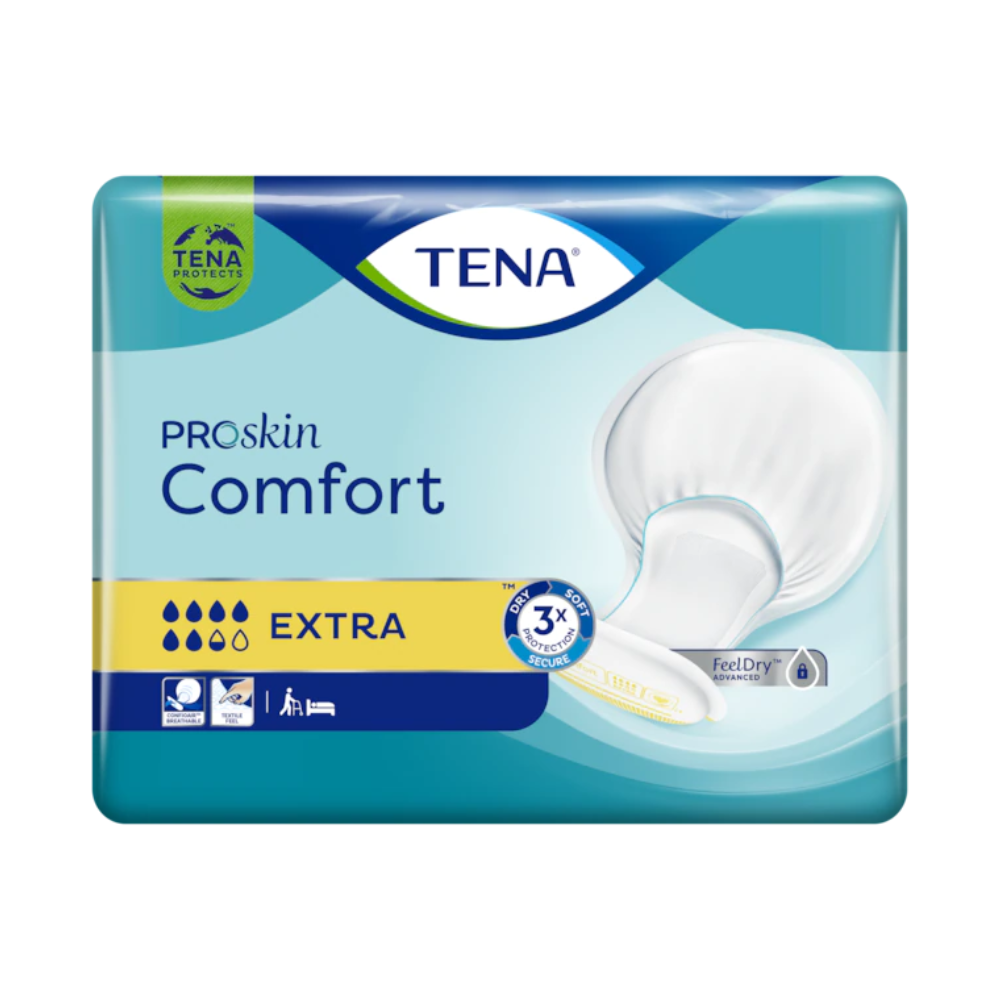 Die Verpackung der TENA Comfort Extra Inkontinenzvorlage (Packung mit 40 Stück) weist die Saugfähigkeit „EXTRA“ auf und zeigt ein weißes Pad-Bild neben Symbolen, die Komfortmerkmale hervorheben. Das Design umfasst blaue und grüne Farbtöne, wobei das TENA-Logo oben prominent abgebildet ist und auf Harninkontinenzbedürfnisse eingeht. Hergestellt von TENA - Essity Germany GmbH.