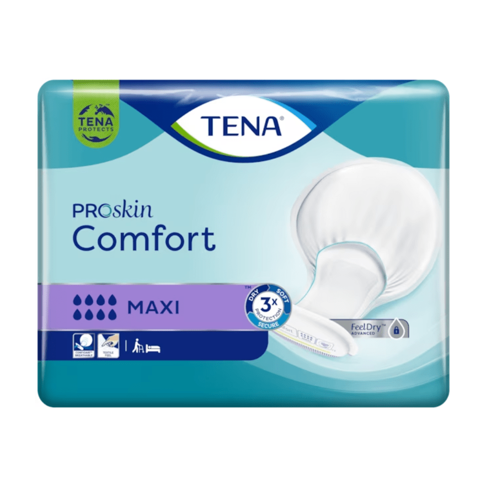 Pakkaus TENA Comfort Maxi -inkontinenssisuojille, sisältö 34 kappaletta. Muotoilu sisältää sinivioletin värimaailman ja kuvan inkontinenssisuojasta oikealla puolella sekä symboleja, jotka osoittavat imukyvyn ja tuotteen edut.