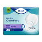 Pakkaus TENA Comfort Maxi -inkontinenssisuojille, sisältö 34 kappaletta. Muotoilu sisältää sinivioletin värimaailman ja kuvan inkontinenssisuojasta oikealla puolella sekä symboleja, jotka osoittavat imukyvyn ja tuotteen edut.